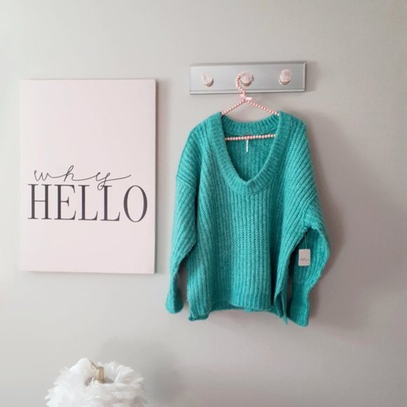 NWT Free People teal chunky knit V-neck sweater, XS - Picture 10 of 11
